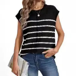Women's striped sleeveless vest pullover top with bone stitch detail in apricot colour.
