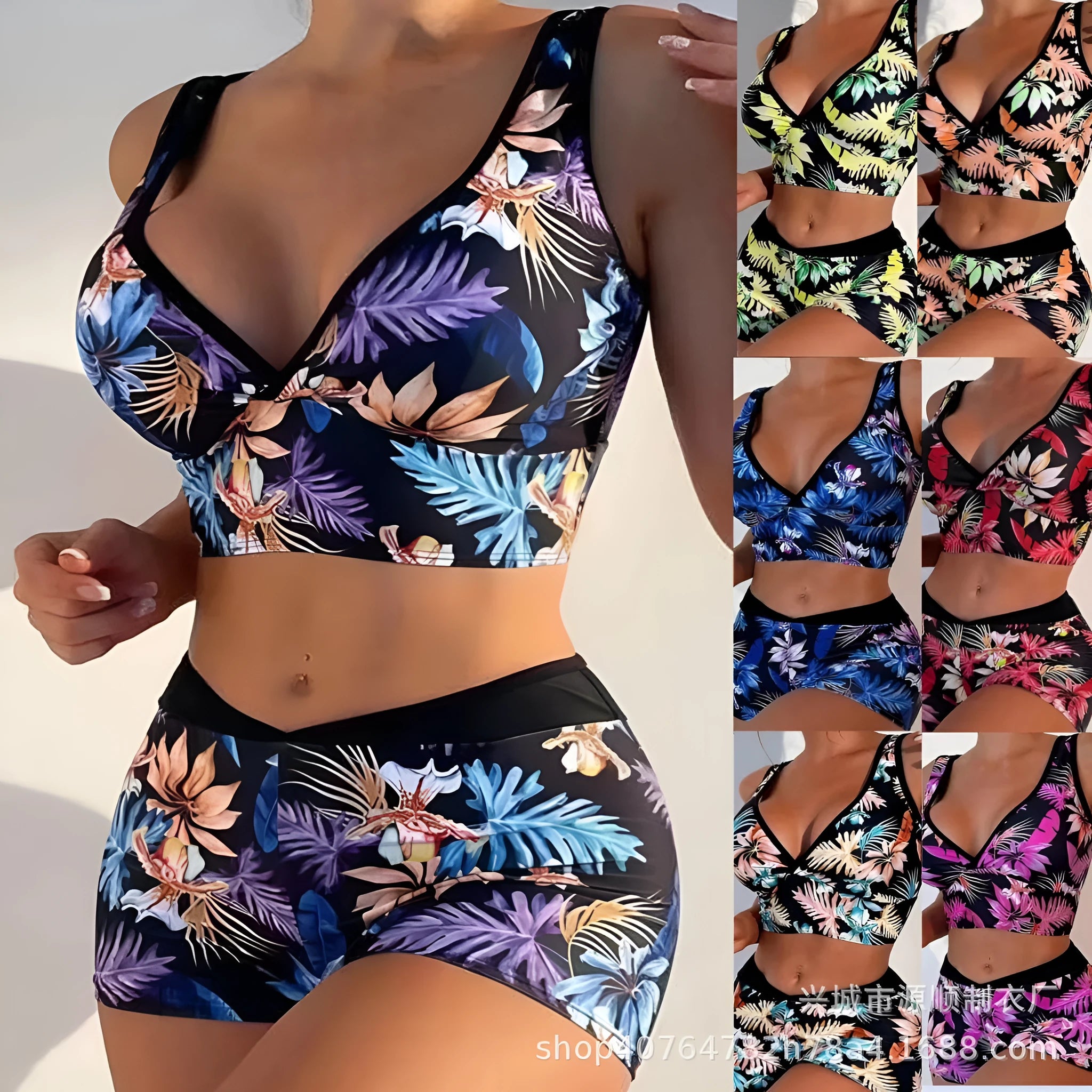 Women's two-piece printed swimsuit set with sleeveless top and boxer shorts in a multi-colour design.