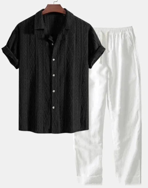 Men's loose fit milk silk summer suit set showing short sleeve shirt and trousers in a casual colour.