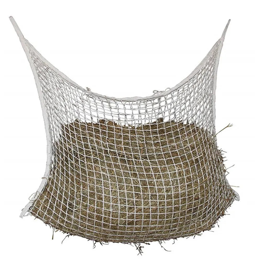 Woven grid horse feeding bag in black or white colours with hanging straps for livestock feeding