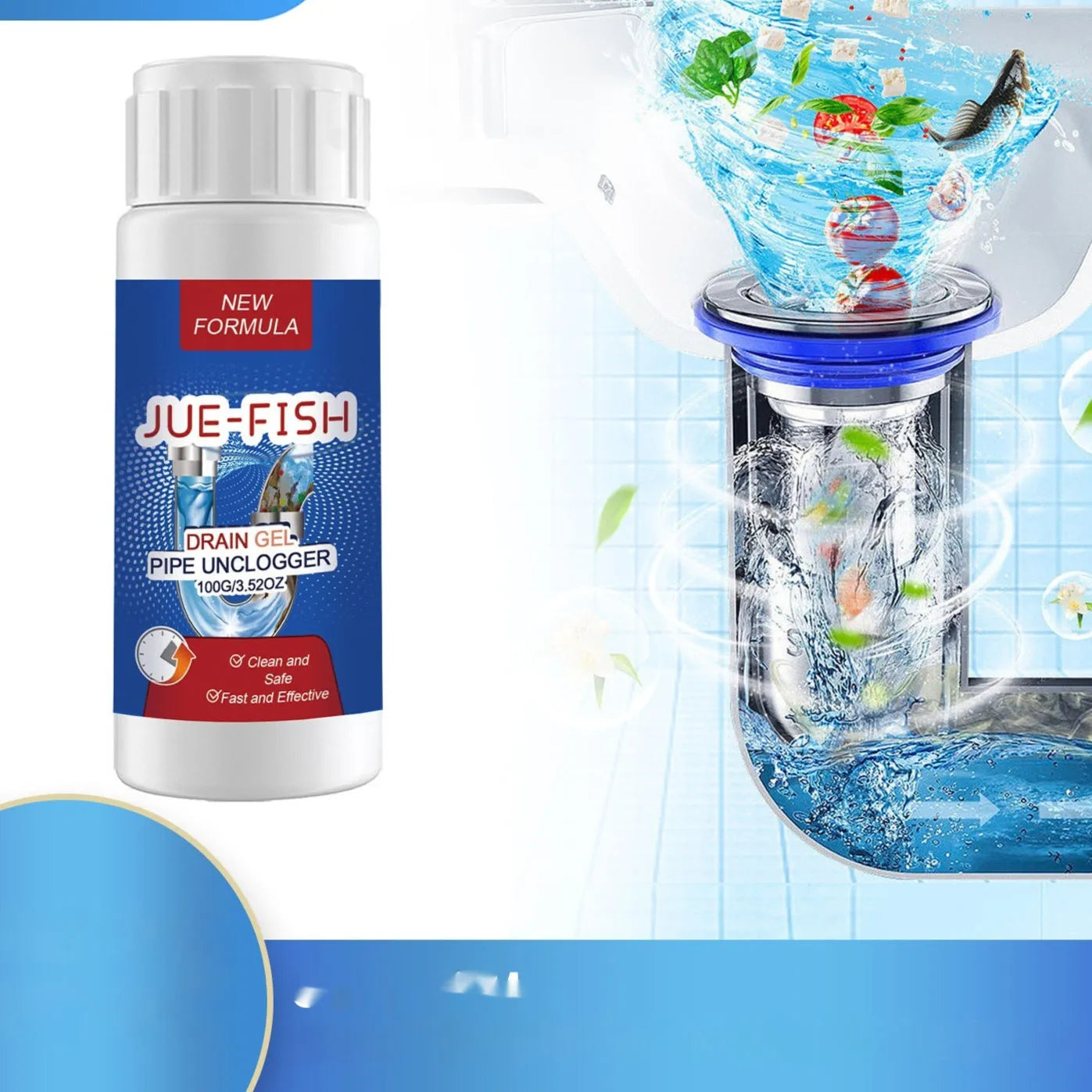 100g pipe dredge agent bottle for sewer and toilet cleaning, dimensions 11cm by 4.3cm