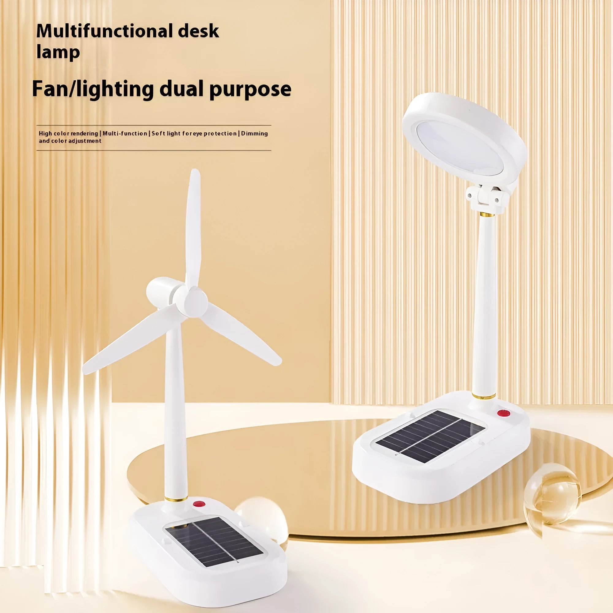 Ivory white solar-powered table fan with integrated LED study lamp on a desk