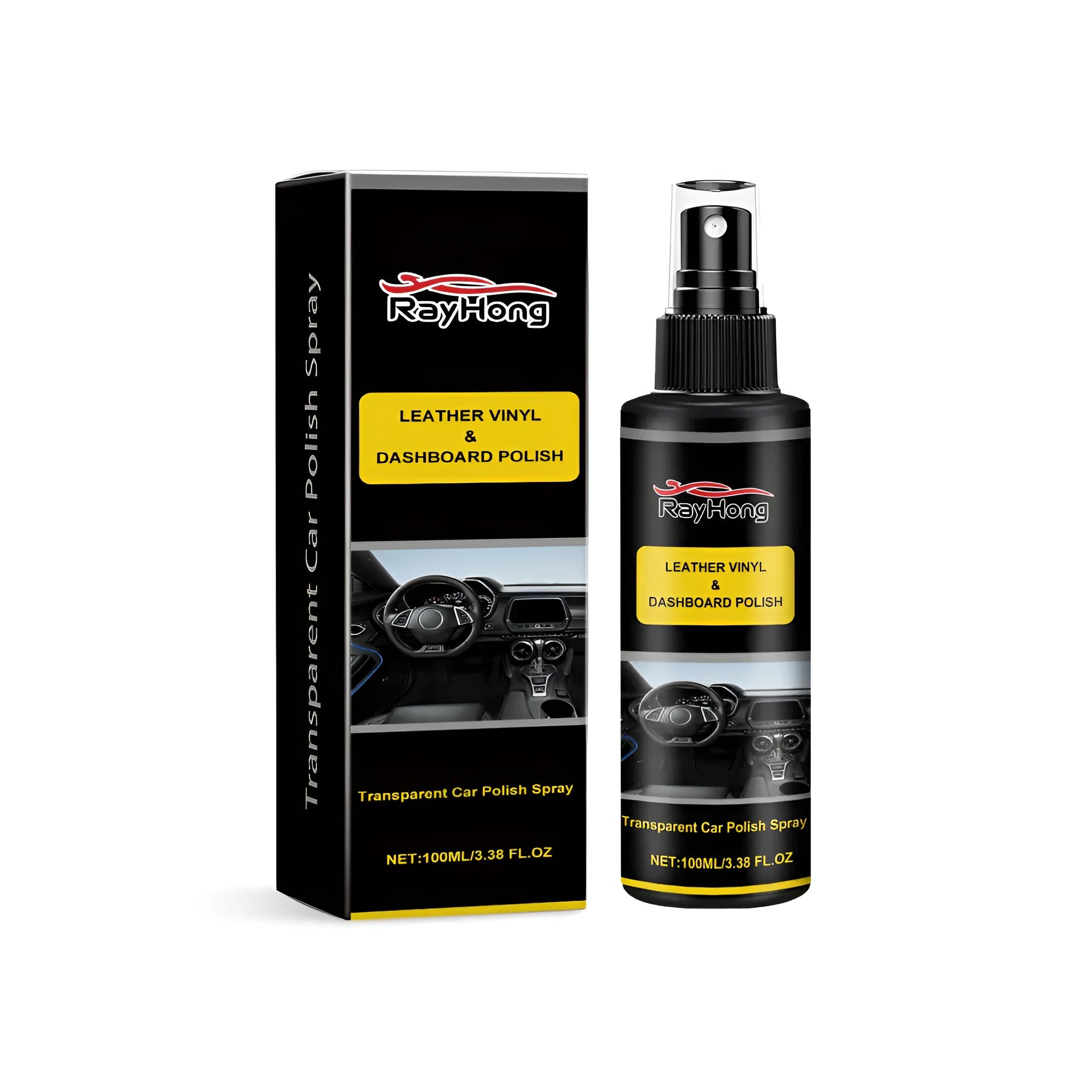 Car polishing spray liquid in a 3.7cm diameter by 14cm tall spray bottle for paint maintenance.
