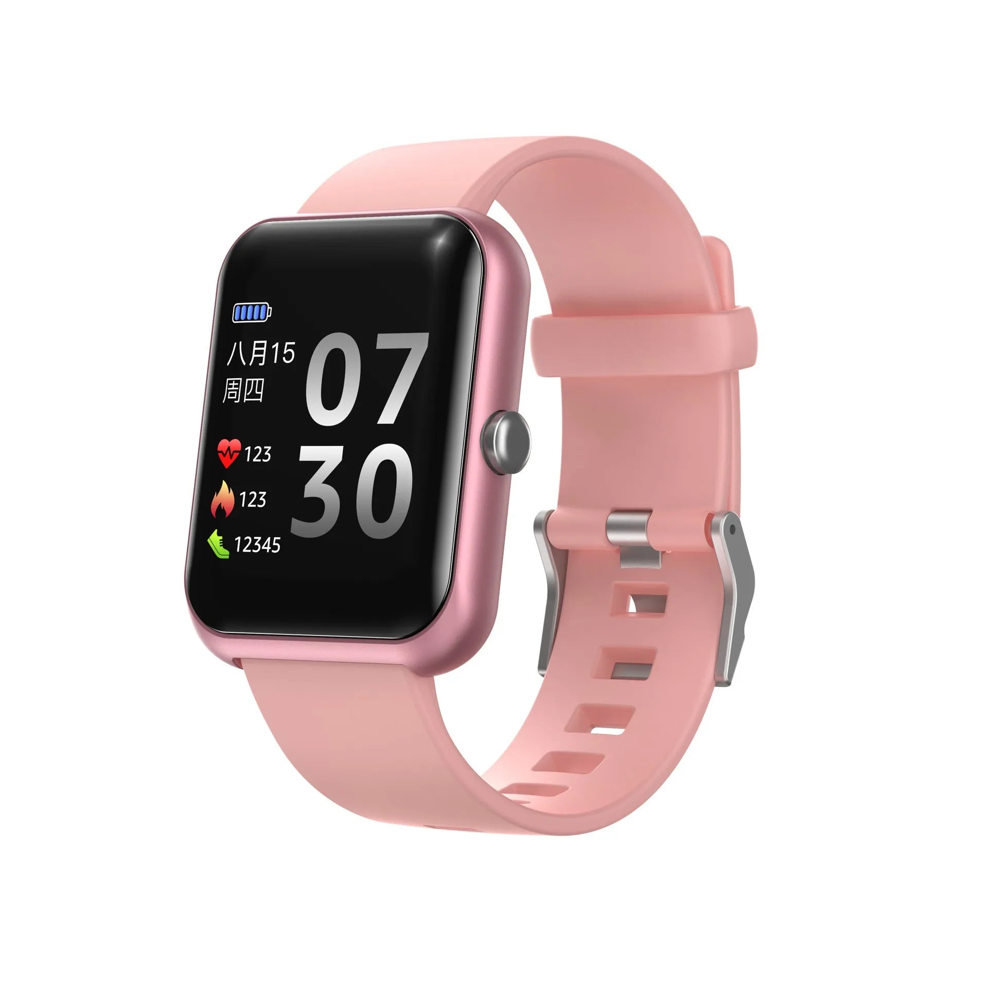 Square sports watch with silicone strap on wrist, showing Bluetooth connectivity and anodised aluminium case.