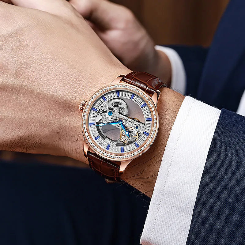 Men's luxury zircon mechanical watch with transparent case back on a black leather strap