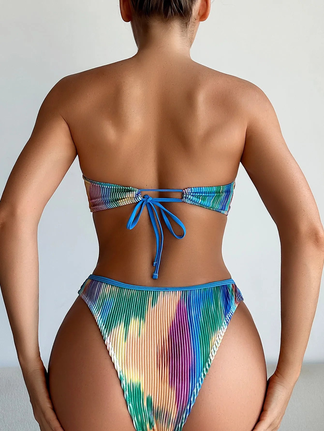 Colour printed women's tube top bikini set with briefs for swimming.