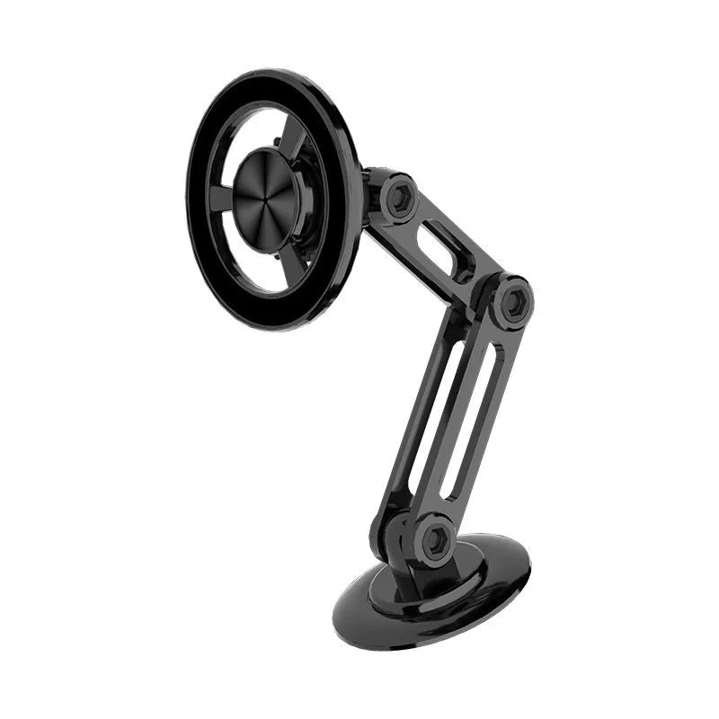 All-metal magnetic car phone holder in black, silver, gold, and rose gold colours with magnetic rings and adhesive pads