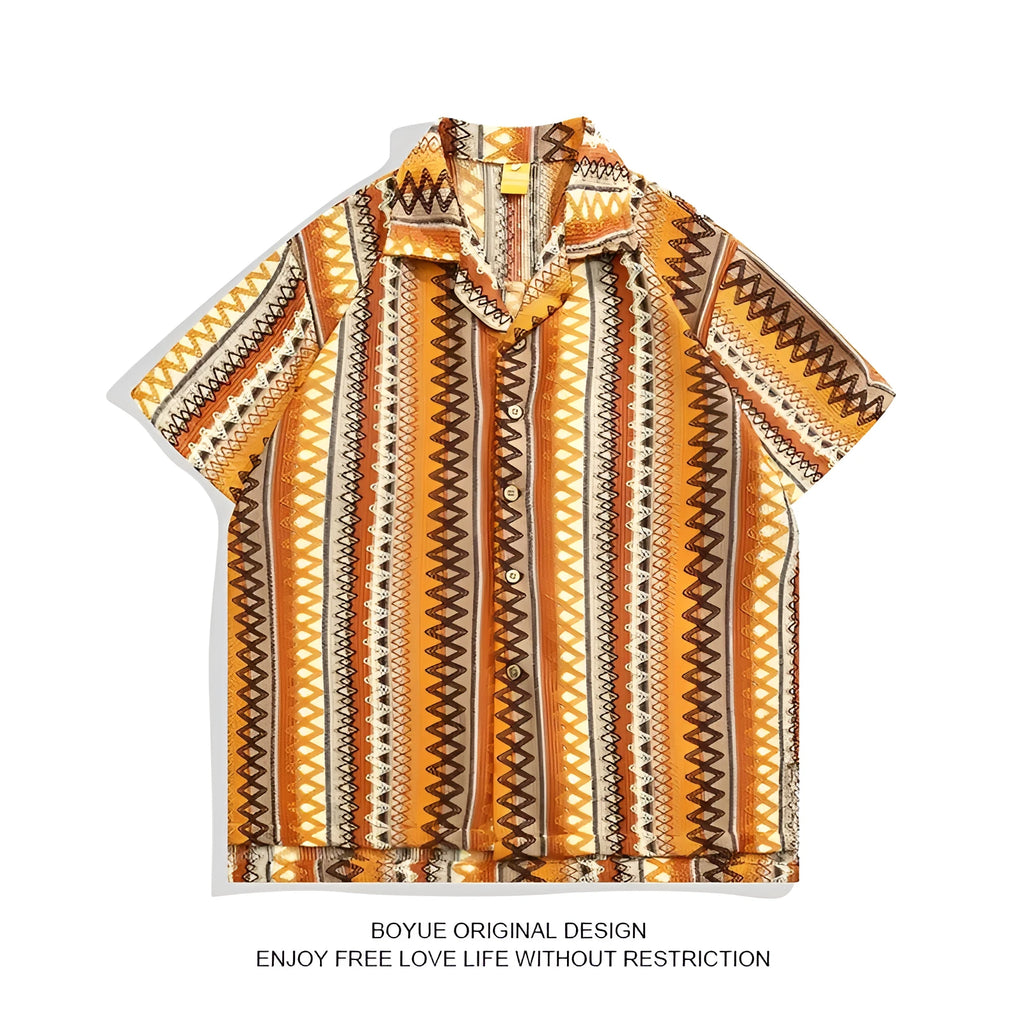 Ethnic style woven Cuban collar shirt with colour contrast and drop-shoulder sleeves