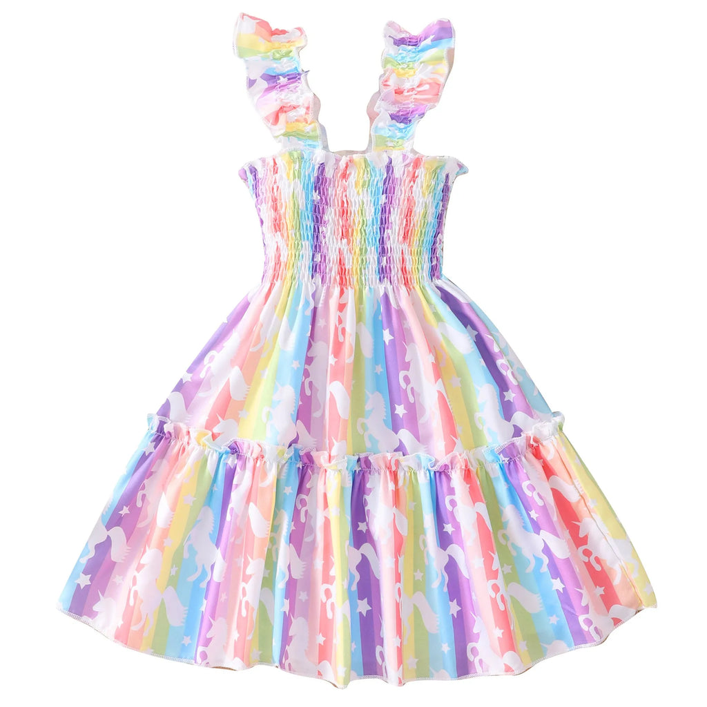 Girls sleeveless A-line dress with leopard print butterfly rainbow multicolor pattern polyester lining sizes 2 to 7 years