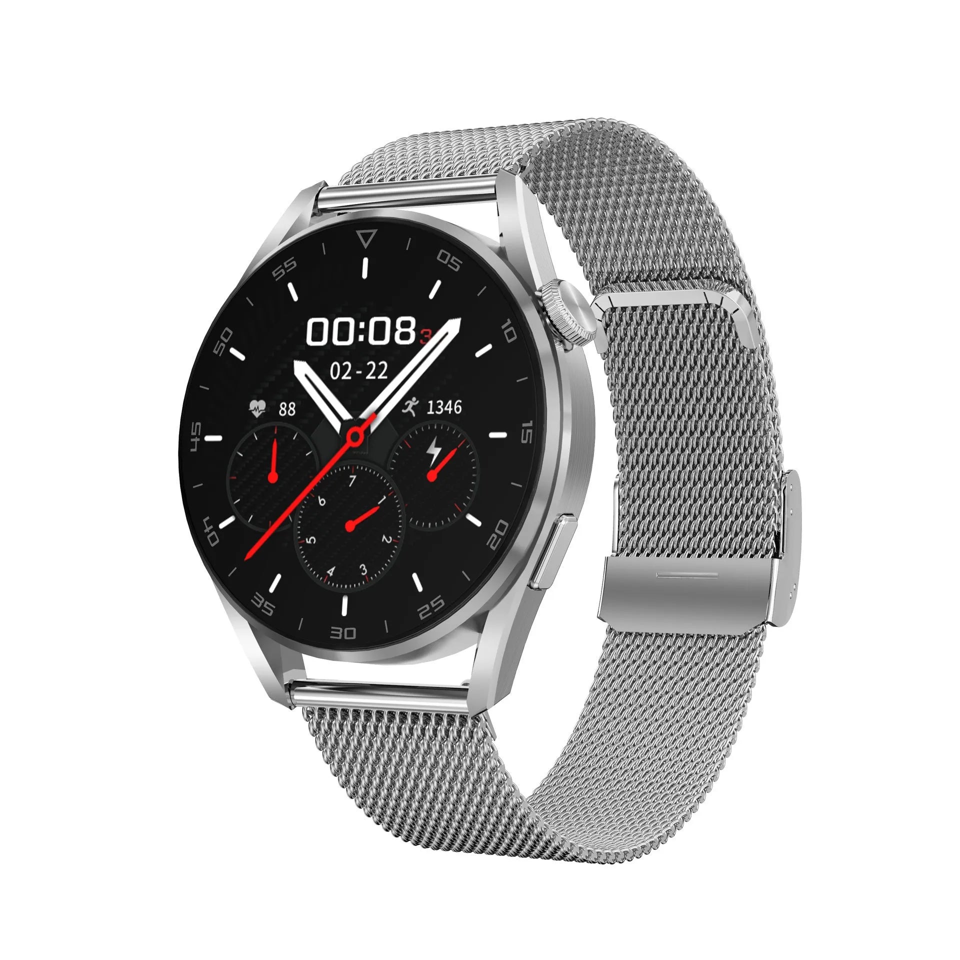 Smart watch with metal wristband and 1.3 inch touchscreen displaying call interface