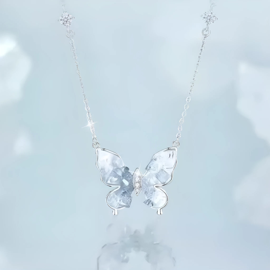 S925 silver butterfly necklace with electroplated ice rain pendant on adjustable O-ring chain