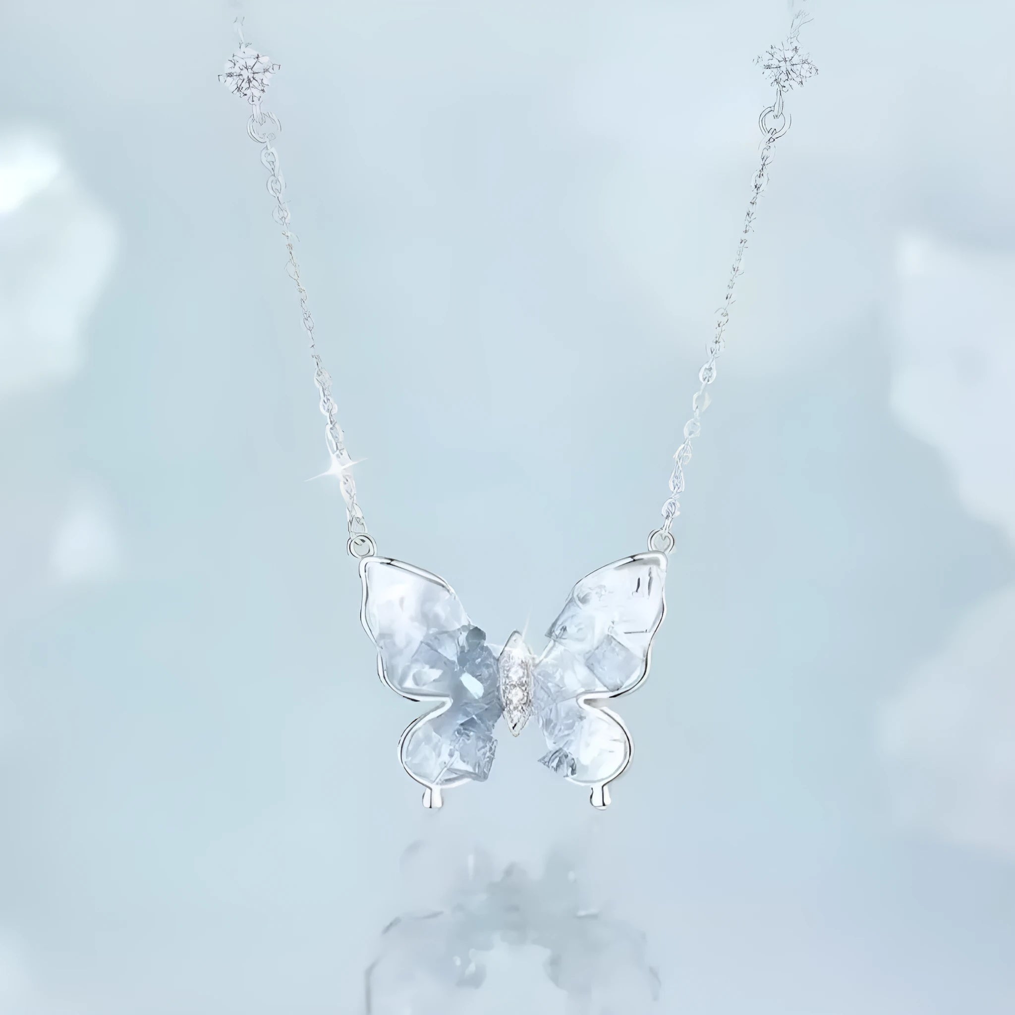 S925 silver butterfly necklace with electroplated ice rain pendant on adjustable O-ring chain
