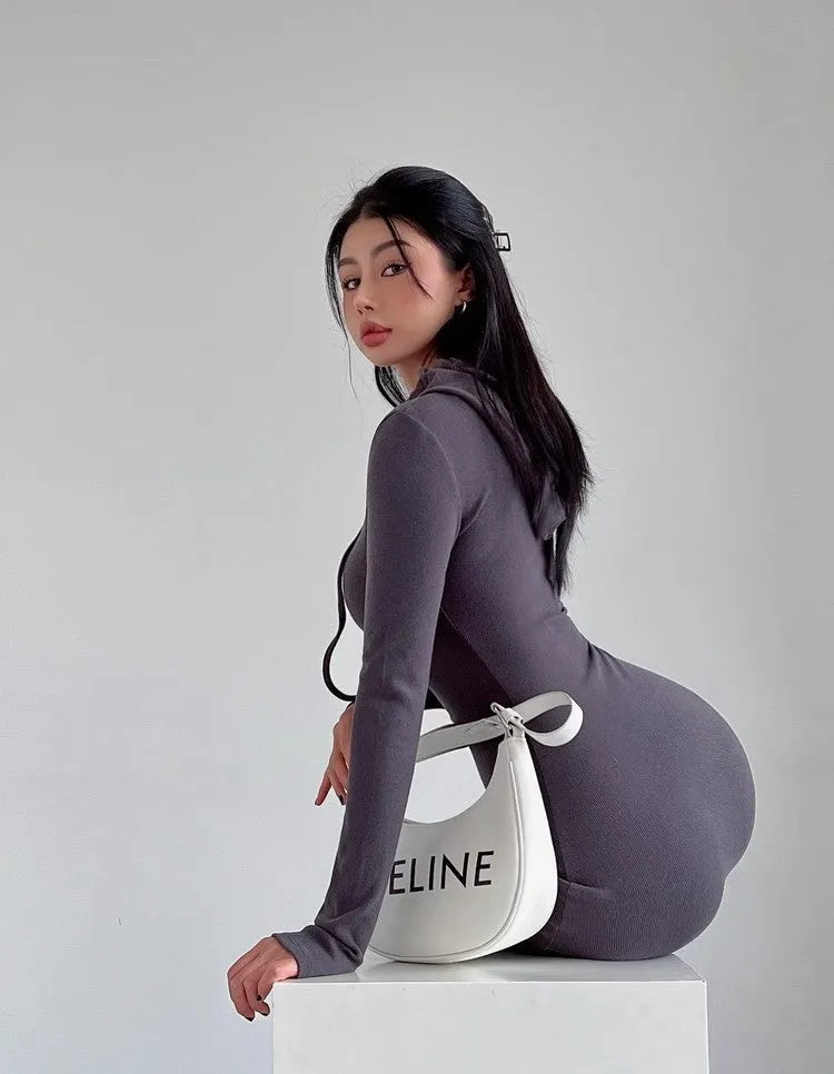 Women's grey hooded long sleeve sheath dress with high waist, shown knee-length.