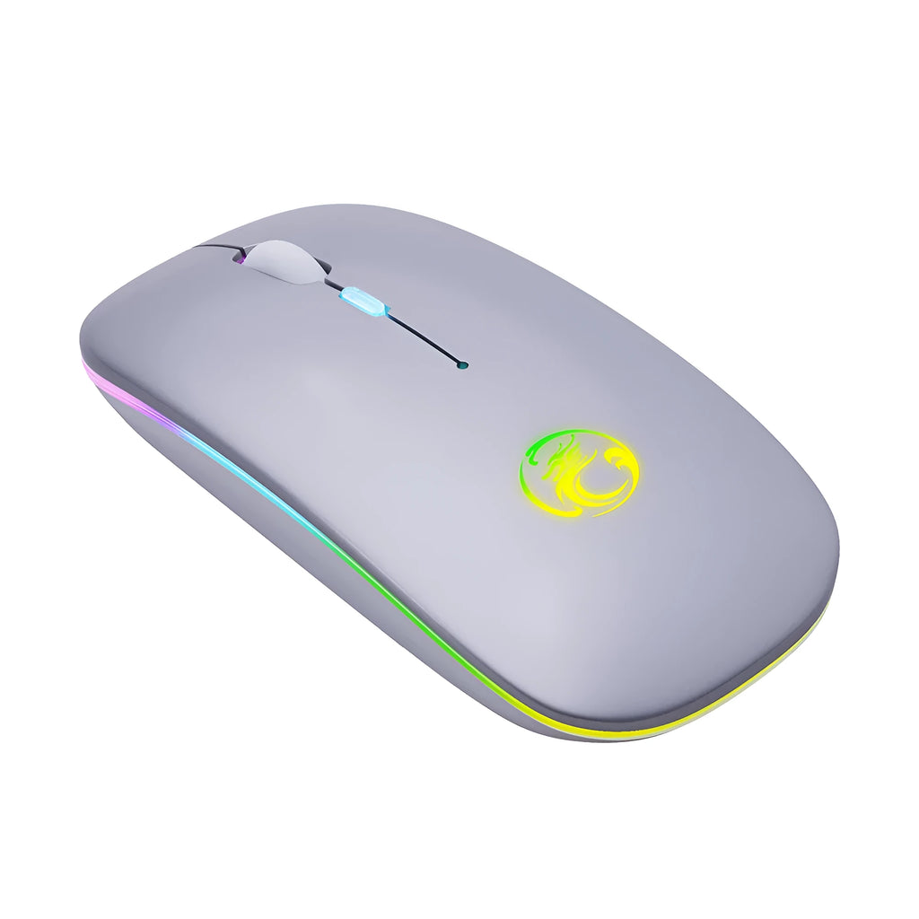 Black and white wireless mouse with luminous scroll wheel showing Bluetooth and silent button features