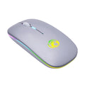 Black and white wireless mouse with luminous scroll wheel showing Bluetooth and silent button features