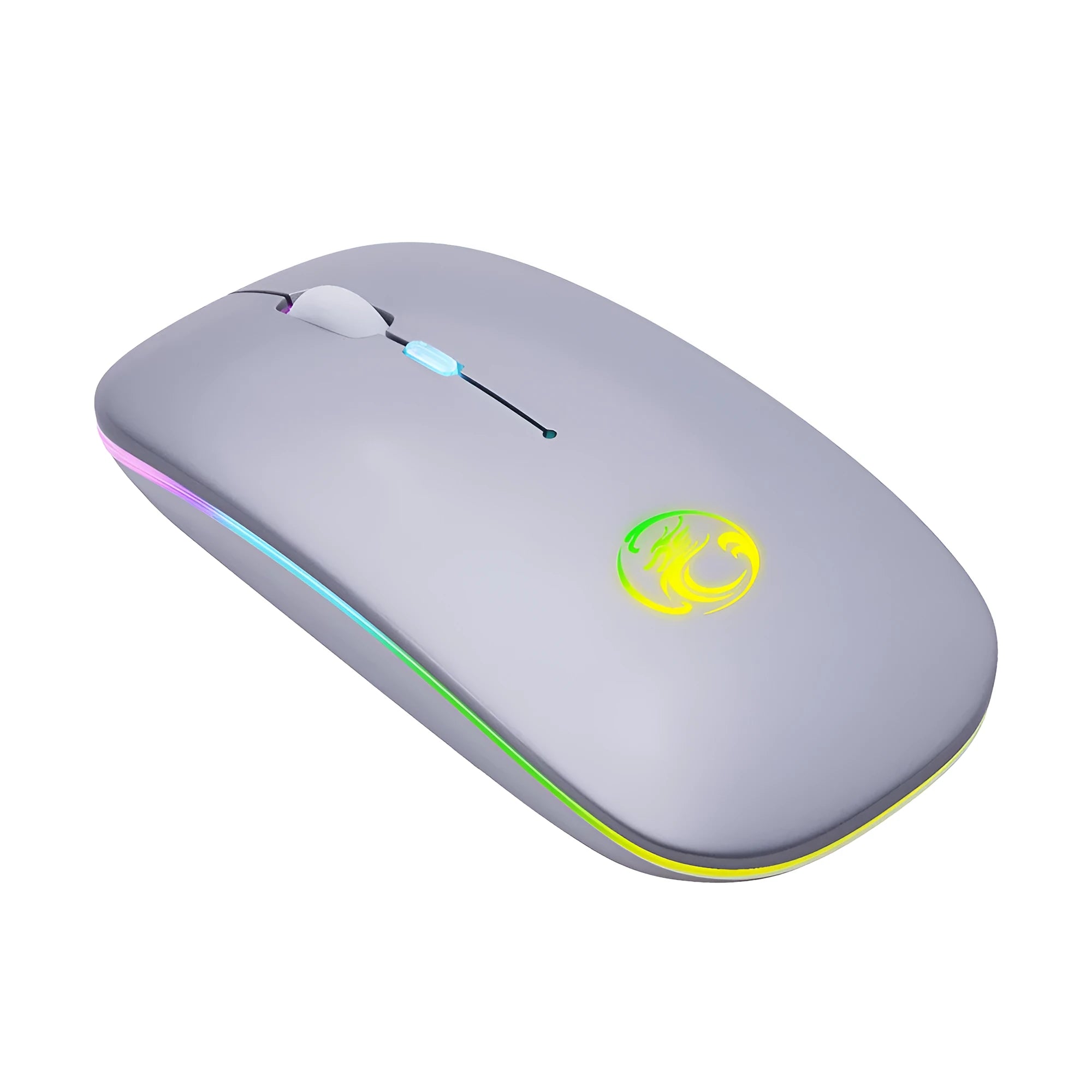 Black and white wireless mouse with luminous scroll wheel showing Bluetooth and silent button features