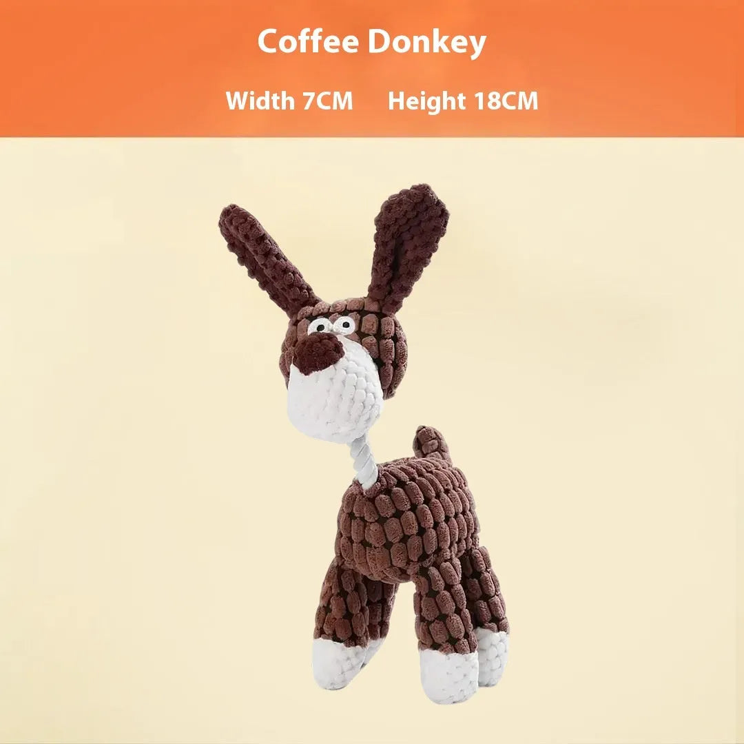 Bite-resistant plush puppy toy showing donkey, rechargeable duck, elephant, and dog styles