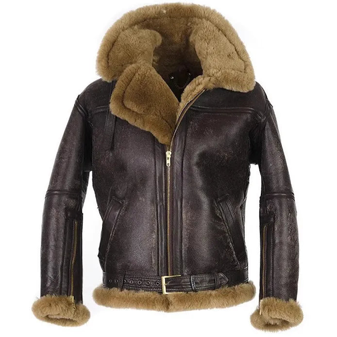 Men's brown Western antique style synthetic leather fur coat with side pockets and straight hem