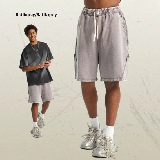 Men's heavy retro shorts in pure cotton terry fabric with batik colour options and loose street fashion style