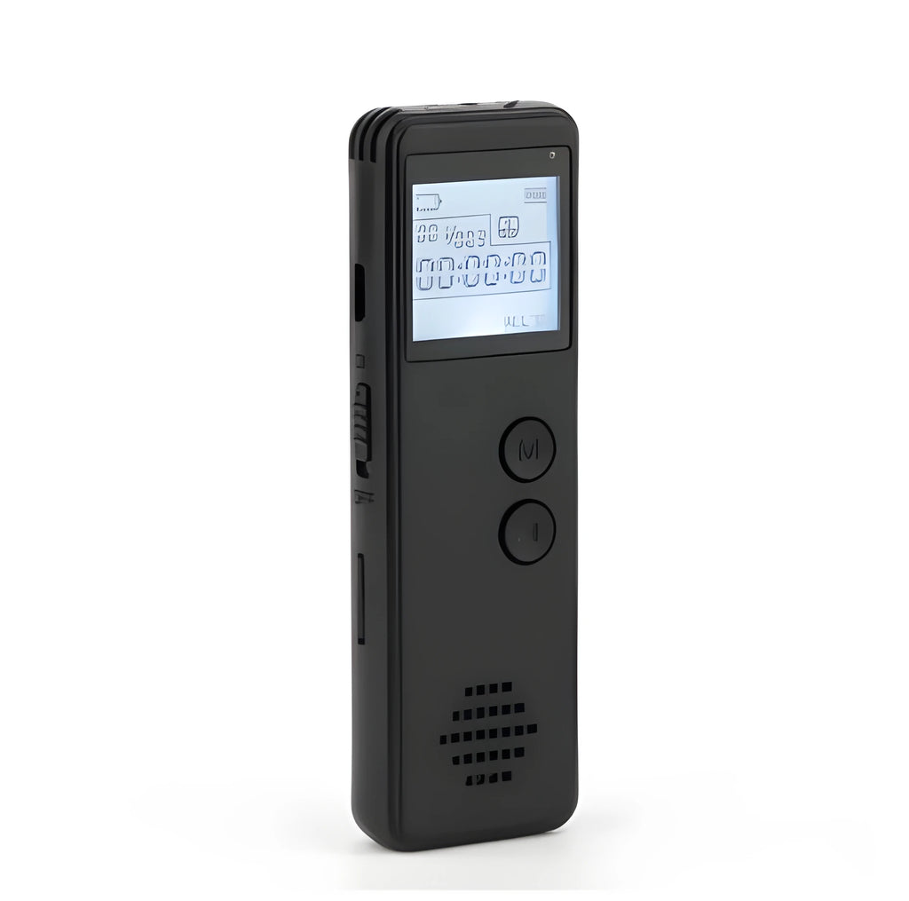 Black MP3 digital voice recorder with matte finish, 88mm long with screen and buttons