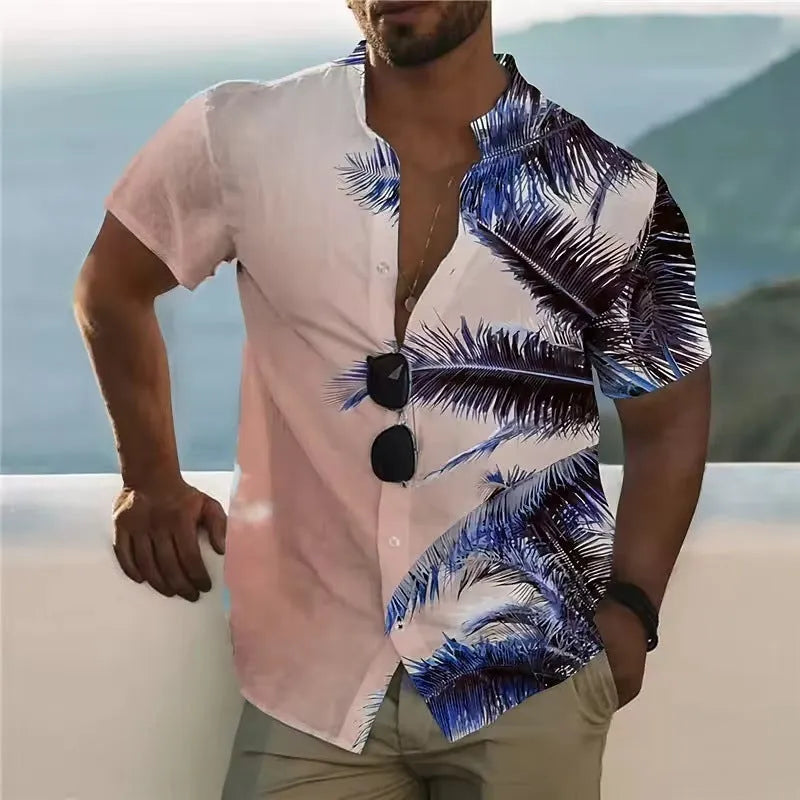 Men's loose fit floral print short sleeve shirt in polyester fabric for summer casual wear