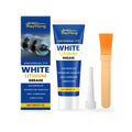 30g tube of white lithium grease with a separate brush and nozzle tip on a workbench