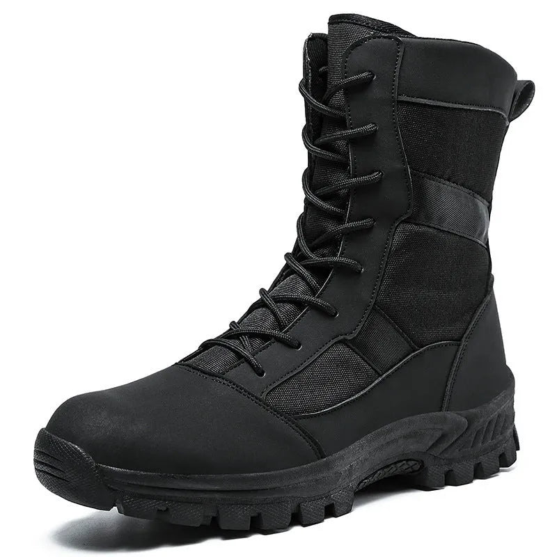 Men's black high-top Martin combat boots with mesh upper and totem design details