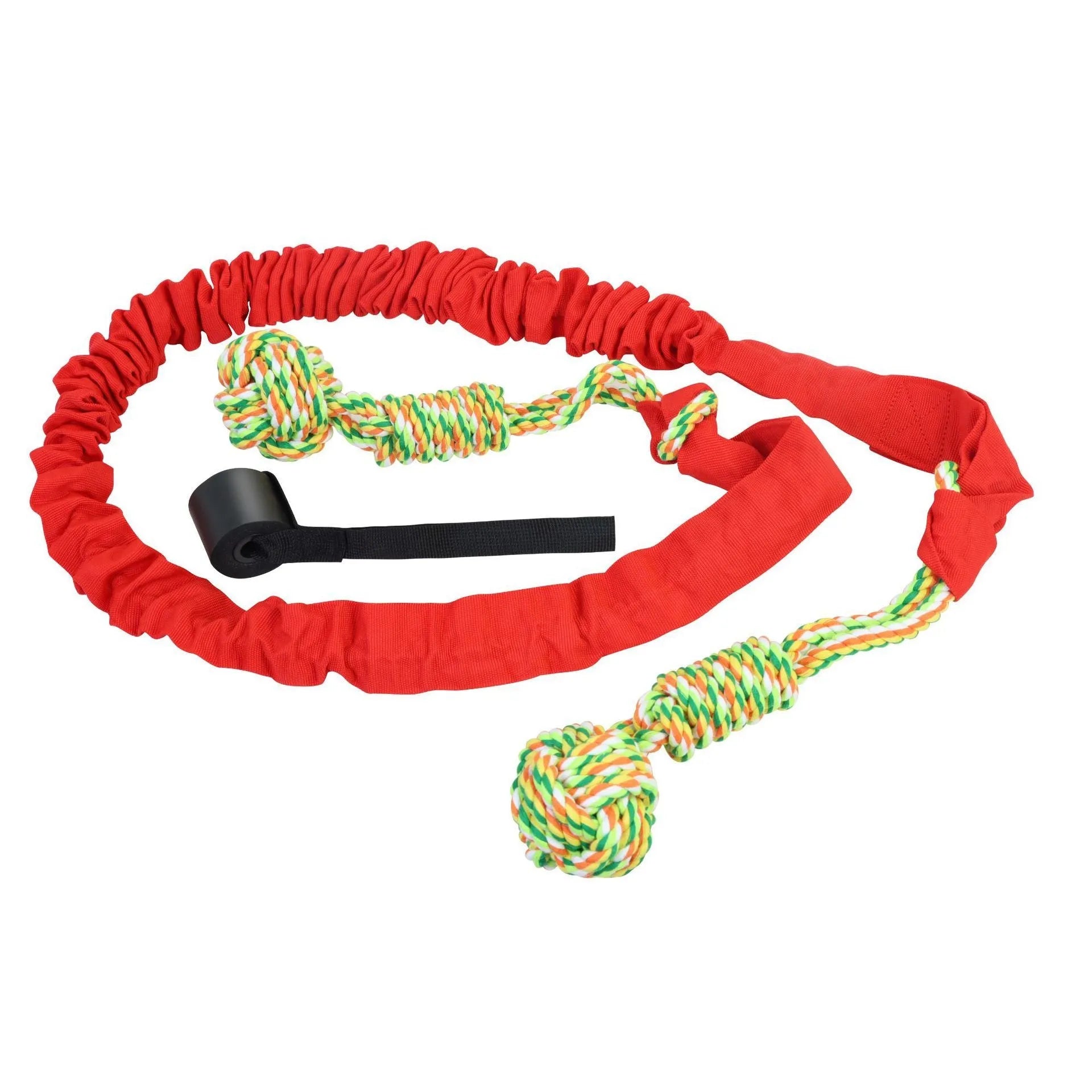Hand-woven cotton tug rope dog toy in black, grey, or red colour.