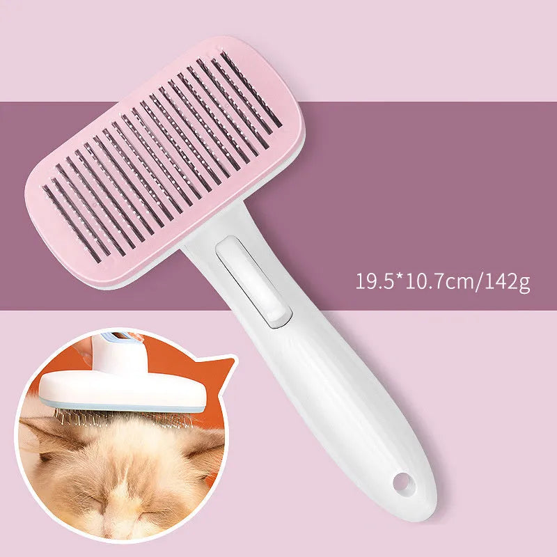 Blue automatic pet hair removal comb for dogs and cats on a table.