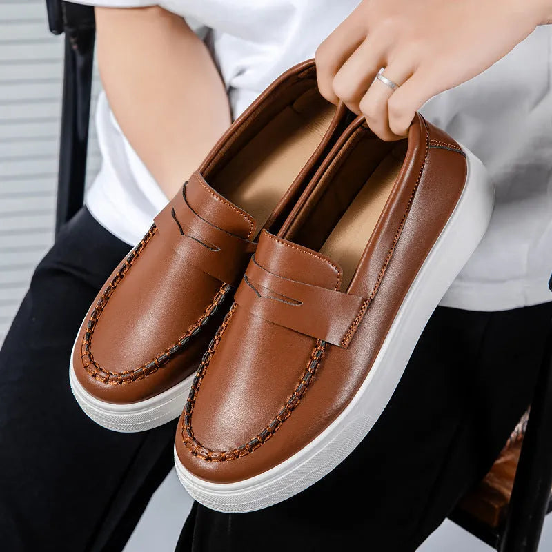 British style casual leather shoes in artificial PU, round toe, shown in white, black and white, and khaki colours.