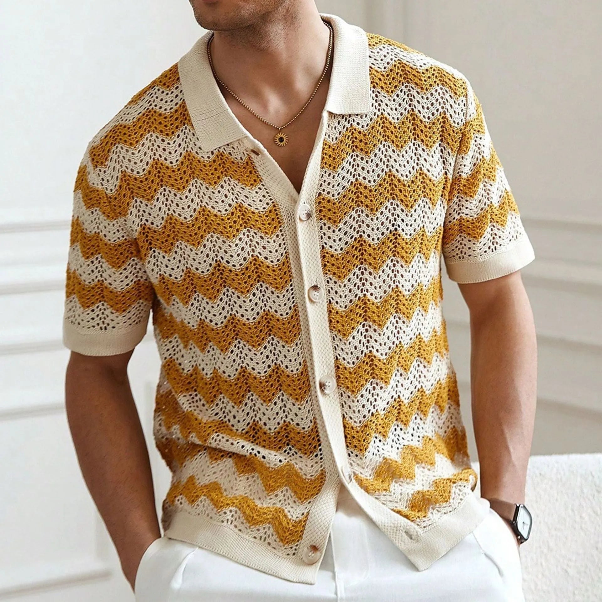 Tencel short sleeve sweater with hollow jacquard corrugated pattern in blue colour