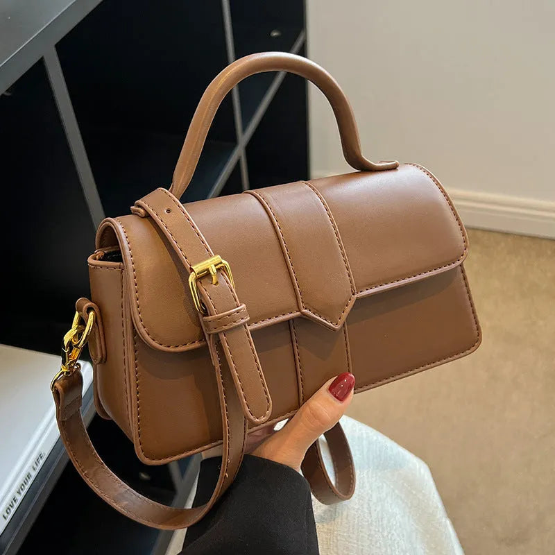 Women's beige PU leather horizontal square messenger bag with crossbody strap and external pocket