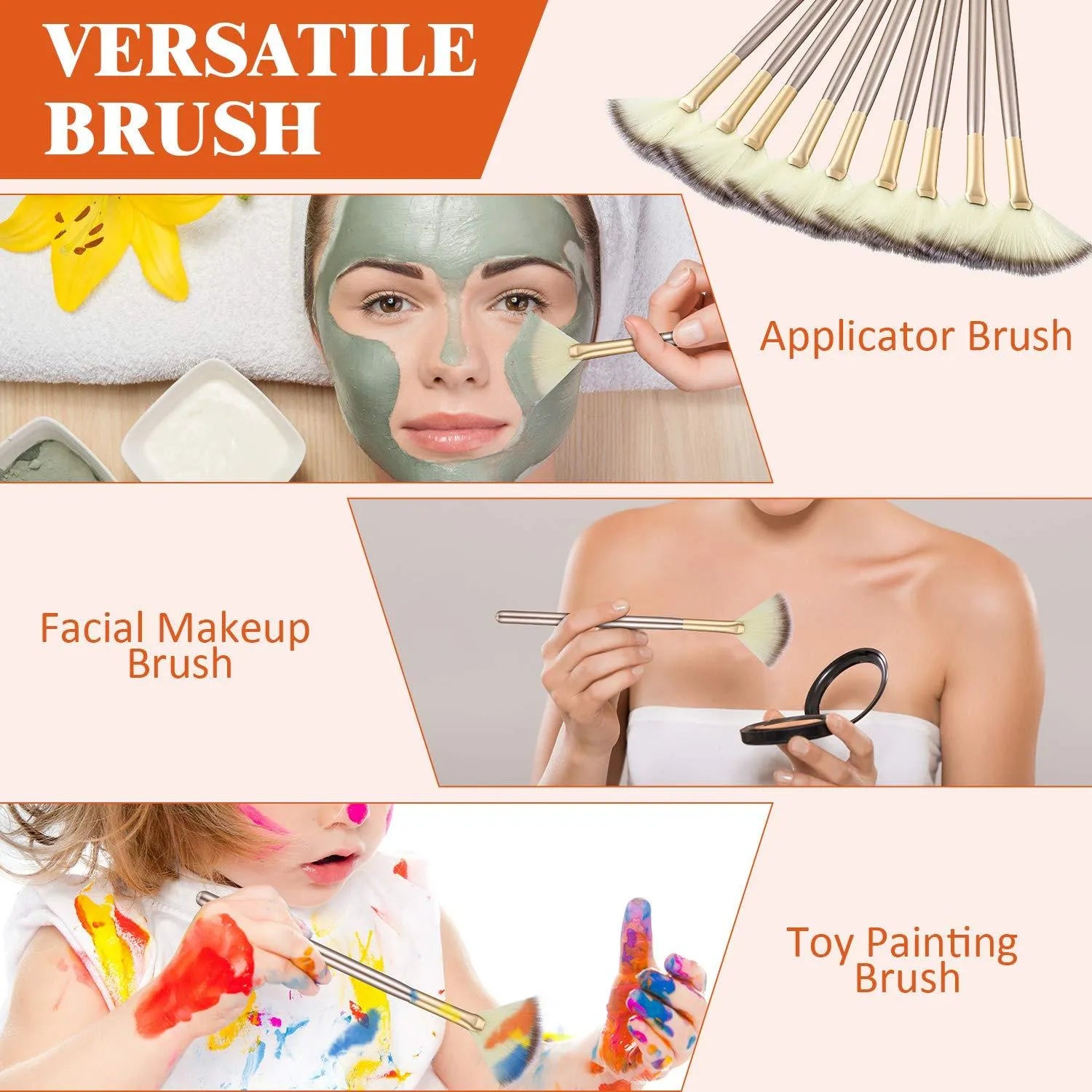 10 professional facial fan brushes with wooden handles and protective covers