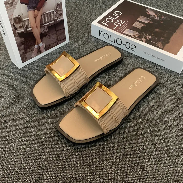 Women's apricot, black, and khaki flat summer slippers with a textured PVC sole.
