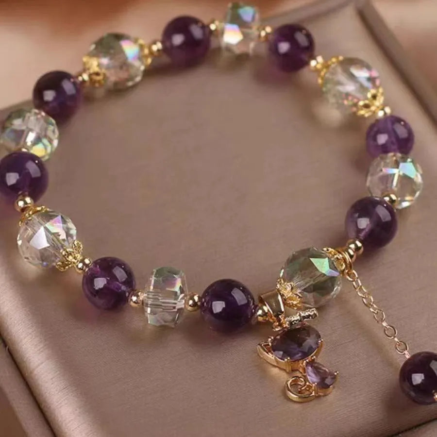Natural amethyst fox pendant crystal bracelet with antique electroplated finish and five-leaf flower