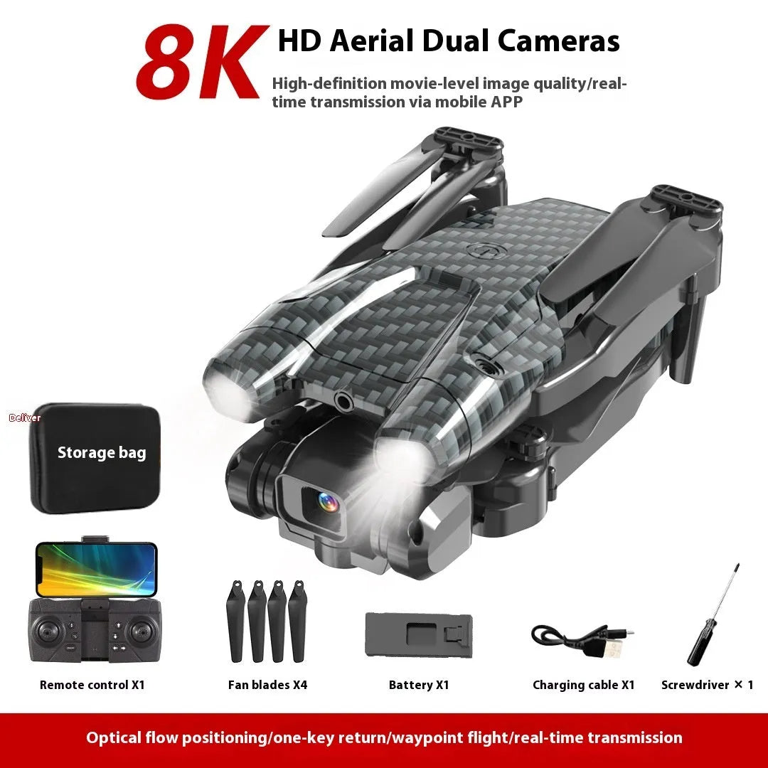S138 black folding quadcopter drone with obstacle avoidance sensors and dual cameras, folded to under 30cm size