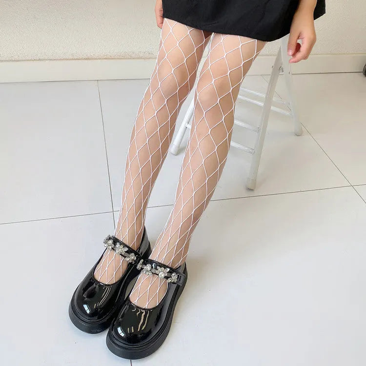 Women's summer mesh stockings in black and white, showing large, medium, and small net patterns.