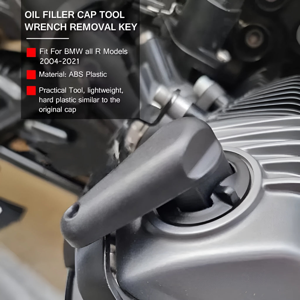 Black nylon quick release wrench for BMW motorcycle engine oil cap, shown with packaging.