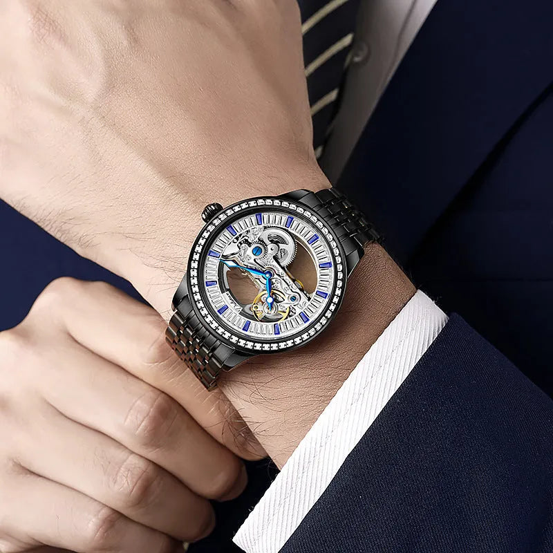 Men's luxury zircon mechanical watch with transparent case back on a black leather strap