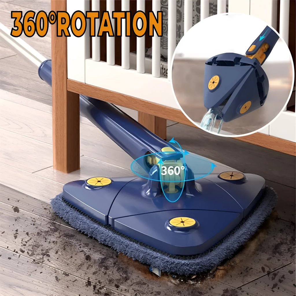 Extendable blue triangle mop with rotating head and long stainless steel pole for cleaning floors and walls.