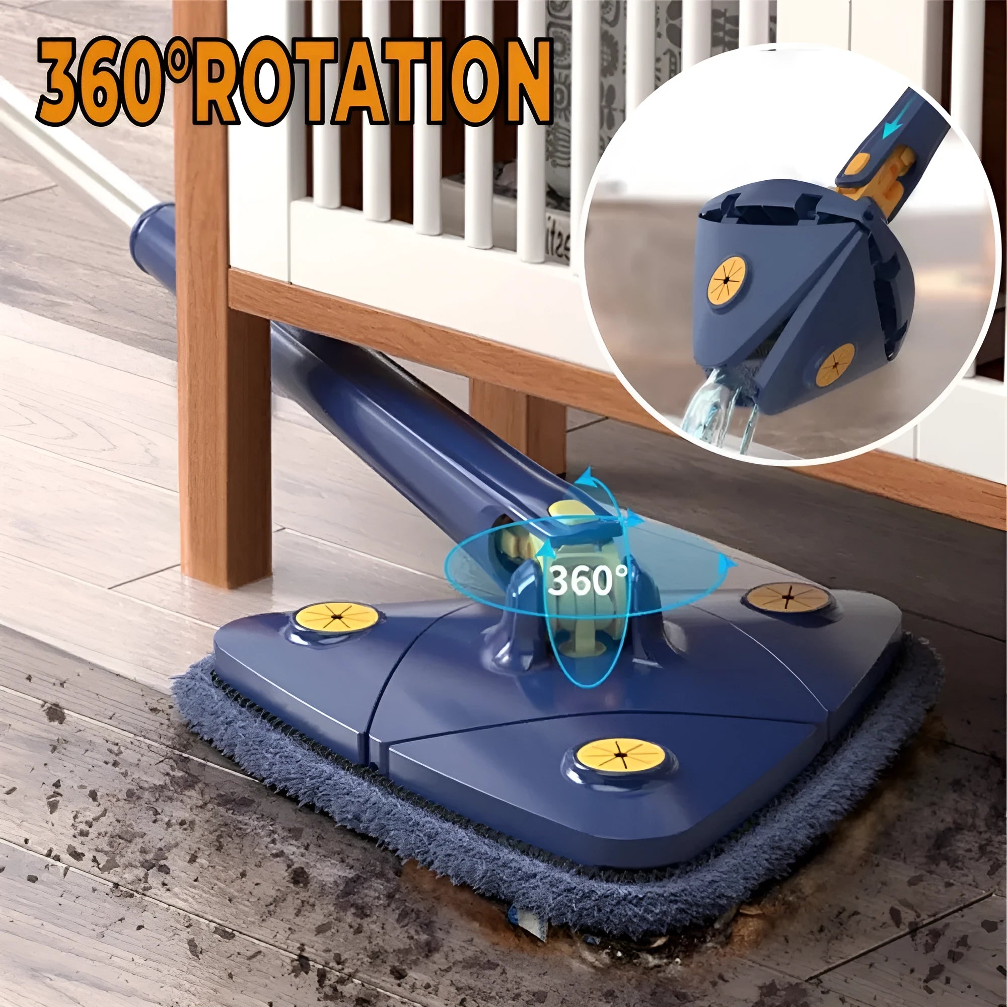 Extendable blue triangle mop with rotating head and long stainless steel pole for cleaning floors and walls.