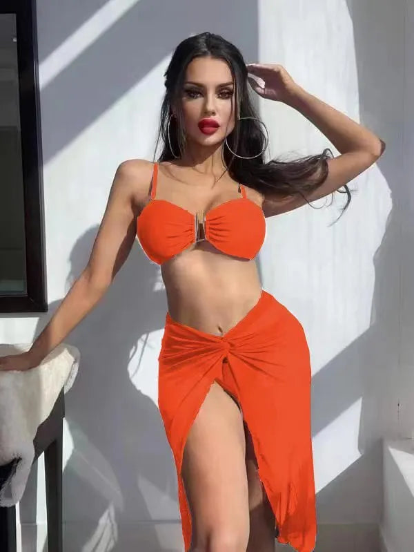 Women's three-piece bikini set with long culottes shorts in multiple colour options