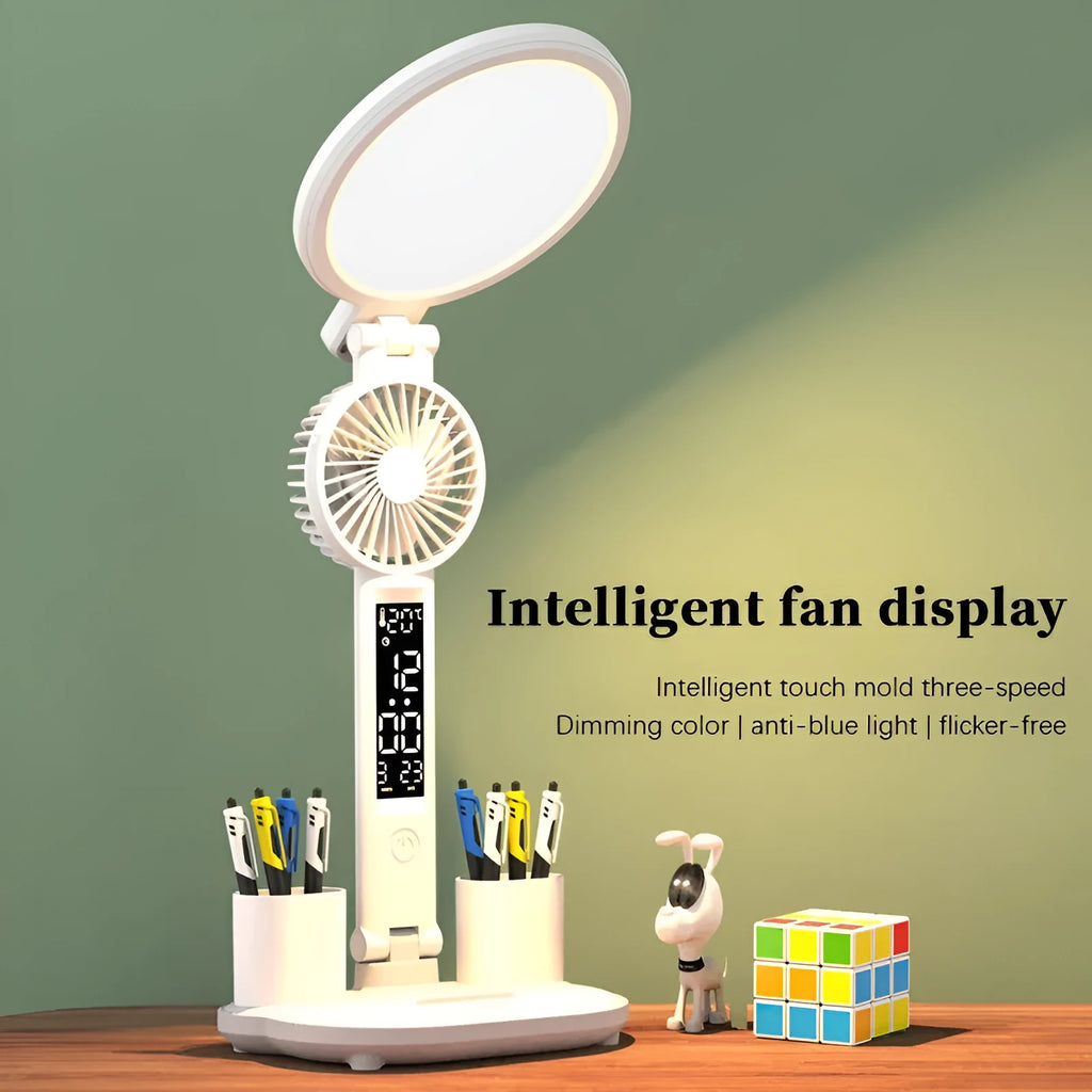 LED clock table lamp with foldable design, fan, and USB rechargeable battery on a desk