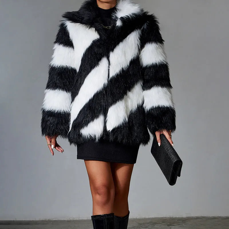 Women's lapel contrast colour coat with faux fur collar in picture colour, shown on model.