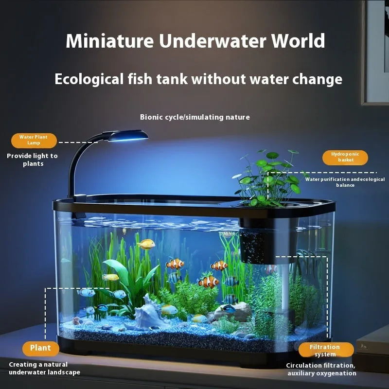 Desktop smart fish tank with integrated ecological filter system in luxury white finish