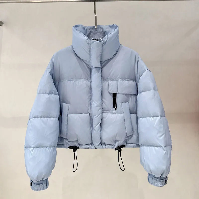 Korean-style stand collar short puffer jacket in yellow with princess sleeves and chenille fabric