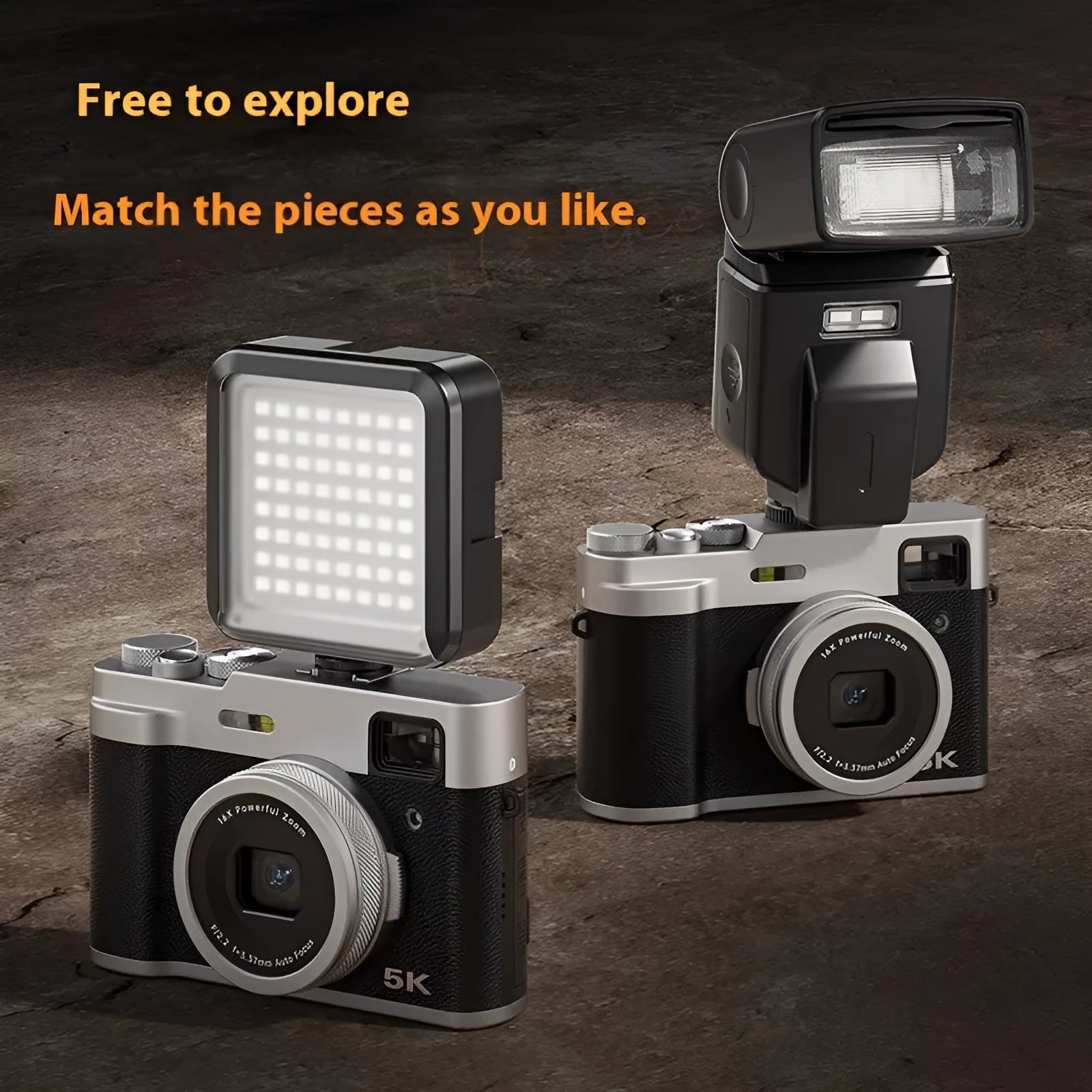 Black and brown 5K HD digital camera with dual lenses and an optical viewfinder on the body.