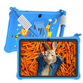 Sapphire blue silicone protective case for a 7-inch children's tablet, showing the integrated flat carry strap.