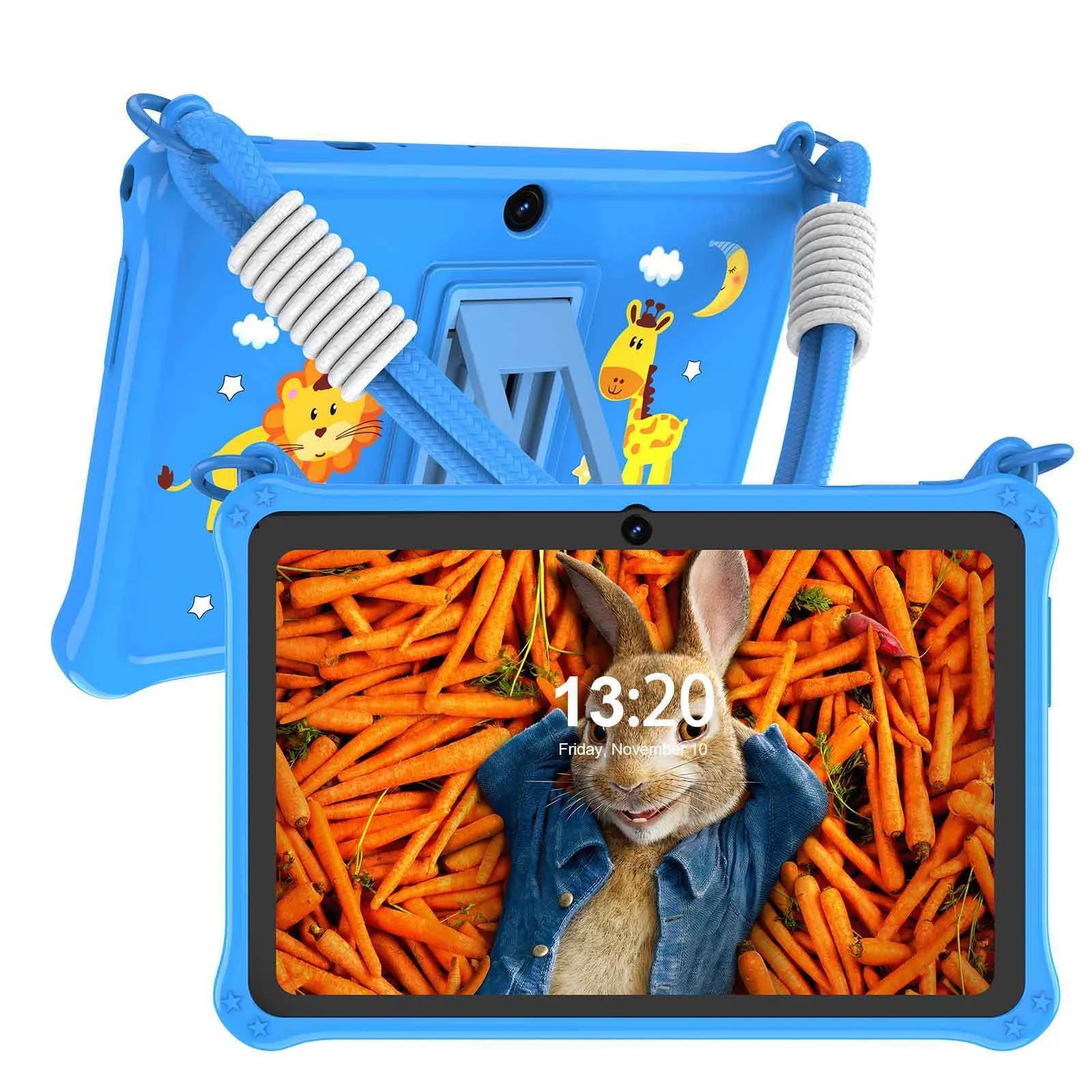 Sapphire blue silicone protective case for a 7-inch children's tablet, showing the integrated flat carry strap.