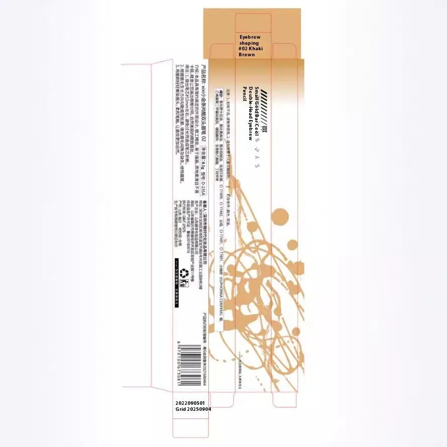 Gold ultra-fine eyebrow pencil shown in five shades: light brown, kaki brown, dark brown, grey black, and black